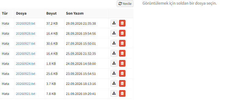 Log Kayıtları — Hata Kayıtları sekmesi; günlük hata dosyalarının listesi, indirme ve silme düğmeleri.