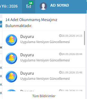 Bildirim penceresi — okunmamış mesaj sayısı, son bildirimler ve Tüm Bildirimler bağlantısı.