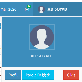Kullanıcı menüsü — fotoğraf ve ad, Profil, Parola Değiştir ve Çıkış düğmeleri.